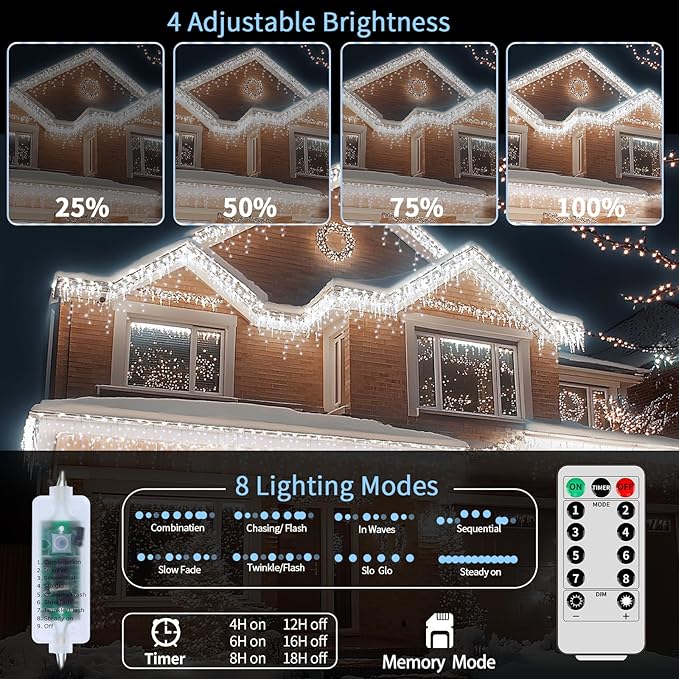 Icicle Lights for Outside, 82ft 880 LED Icicle Christmas Lights Outdoor Waterproof, 176 Drops with Remote, 8 Modes & Dimmable, Timer for Christmas, Wedding, Party, House, Roof Decoration, White