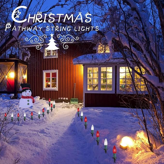 Christmas Pathway Lights Outdoor, 2 Pack 26 Ft 20 LED C9 Strawberry String Lights with Stakes, Connectable Waterproof Outside Christmas Lights Marker for Path, Lane, Patio Decor, Red & Pure White