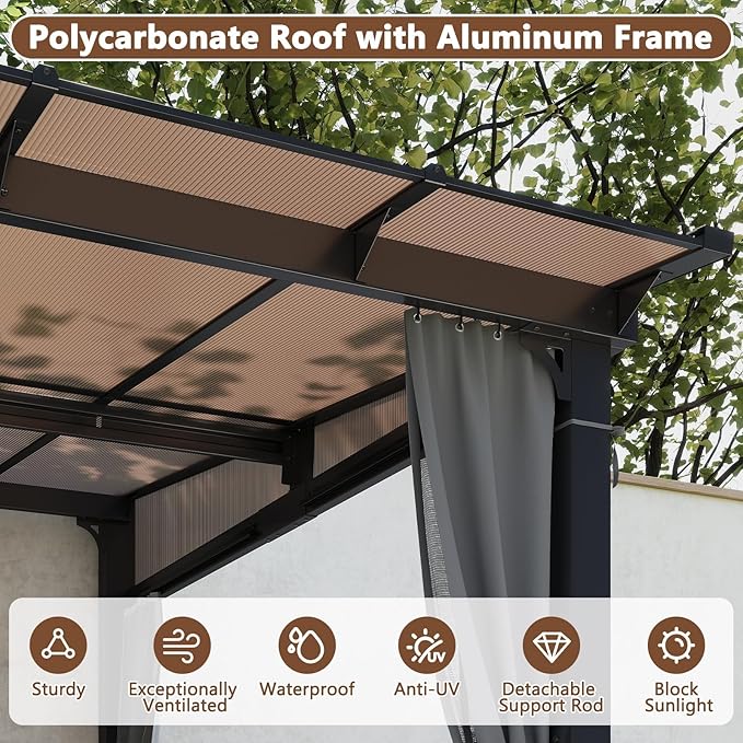10'x10' Gazebo, Wall Mounted Gazebo with Aluminum Frame, Curtains and Netting for Patio,Decks, Garden and Lawn