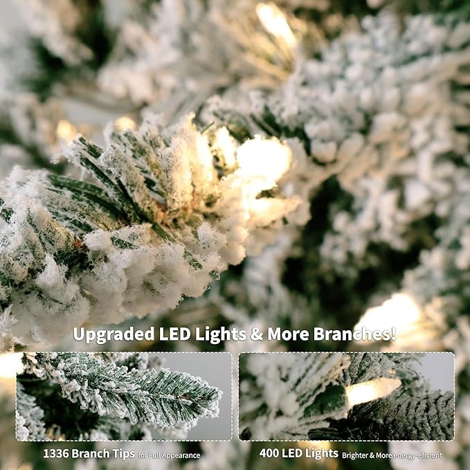 HOTEAGLE 7.5FT Prelit Artificial Christmas Tree, Snow - Dusted Pencil Tree with 400 UL Listed Multicolored Lights for Indoor Home & Office Christmas Decoration (50 * 50 * 90in)