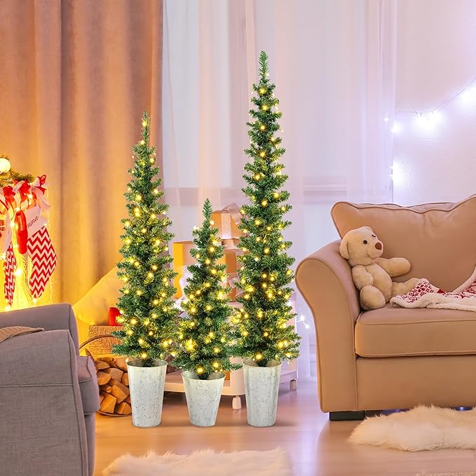 GOFLAME Set of 3 Pre-Lit Potted Christmas Trees, Artificial Pencil Christmas Tree Set 3Ft, 4Ft and 5Ft with Warm White LED Lights, Timer, Holiday Decoration Tree for Home Party