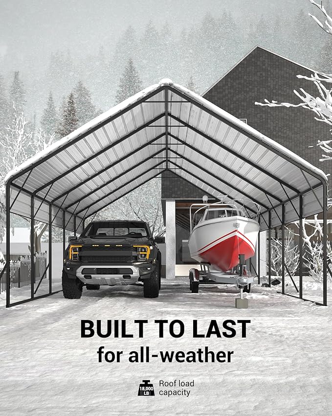 20x25 FT Metal Carport Heavy Duty Car Ports Reinforced Frame, Galvanized Steel Roof and Enhanced Base All-Weather Outdoor Oversized Shelter for Cars, Bass Boats, Full-Sized Pickup Trucks, Tractors