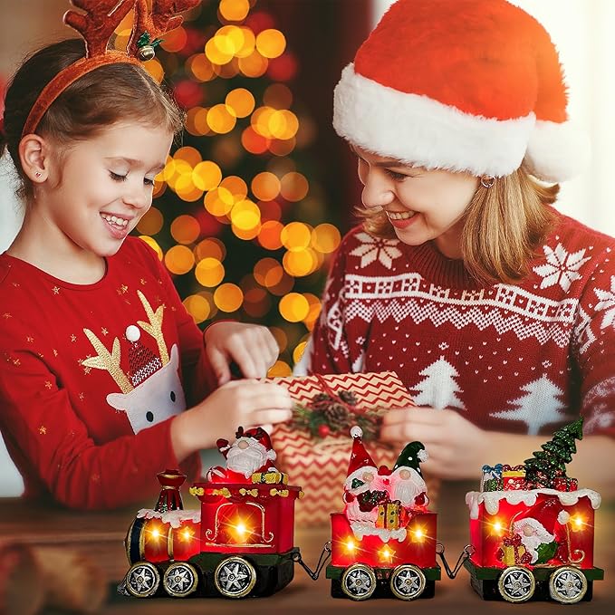 Hexagram Christmas Decorations Indoor Christmas Gnomes Table Centerpieces Train Decor - Lighted Gnome Tabletop Decor, Light Up Xmas Train Figurines for Home