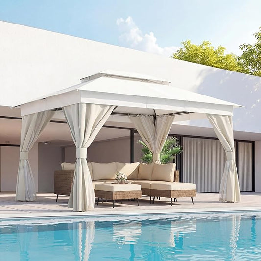 LAUSAINT HOME 10x13ft Outdoor Patio Gazebo with Double Roof, Heavy Duty Waterproof Gazebo Canopy Tent with Mosquito Netting for Backyard, Garden, Lawn & Wedding, Cream White