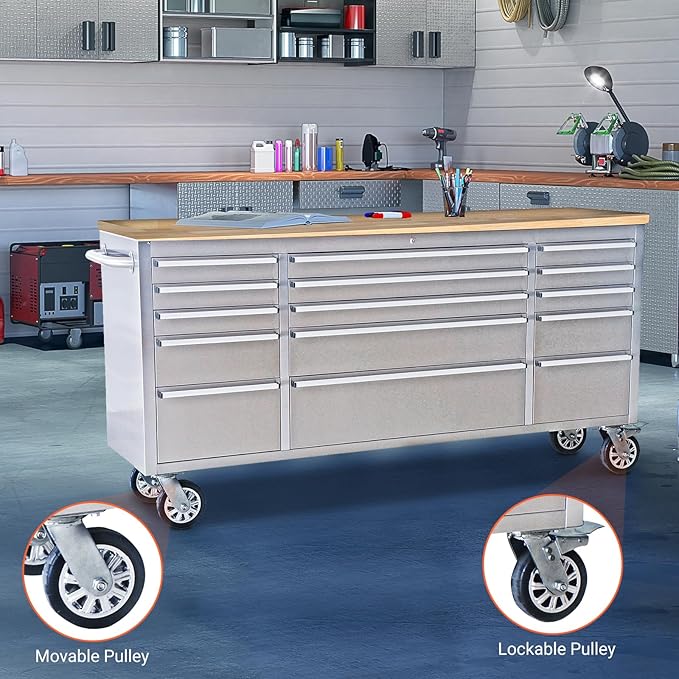 Heavy Duty 72-Inch Rolling Tool Chest with 15 Drawers & Rubber Wood Top, Stainless Steel Mobile Workbench Cabinet, Lockable Drawers & Casters for Garage, Workshop - Silver Finish