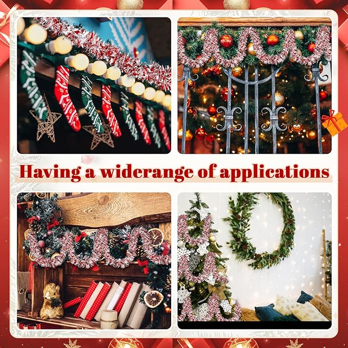177 Feet Christmas Tinsel Garland Metallic Shiny Hanging Christmas Tree Tinsel Garland Ornaments for Indoor Outdoor Party Wedding Holiday(Red White Silver)