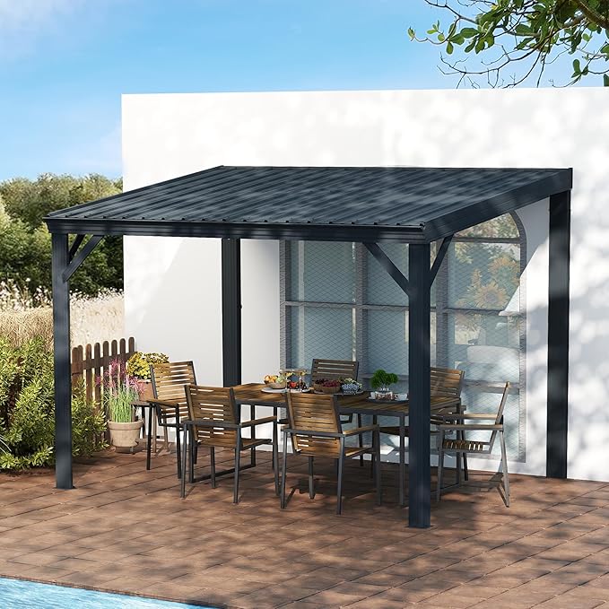 Domi 10' x 12' Lean to Gazebo, Wall Mounted Gazebos Pergola with Built in Drainage System, Galvanized Steel Roof, Hardtop Patio Shelter for Deck, Porch, Backyard and More