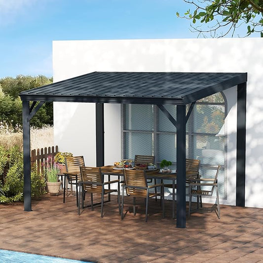 Domi 10' x 12' Lean to Gazebo, Wall Mounted Gazebos Pergola with Built in Drainage System, Galvanized Steel Roof, Hardtop Patio Shelter for Deck, Porch, Backyard and More