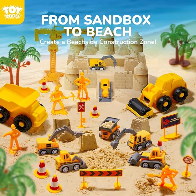 TOY Life 38 Pcs Sand Construction Kit with Big Foldable Sandbox with 2.2Ibs Magic Sand, Trucks, Castle Molds & Beach-Side Mat ? Indoor Sandbox Toy Construction Sensory Bins for Toddlers