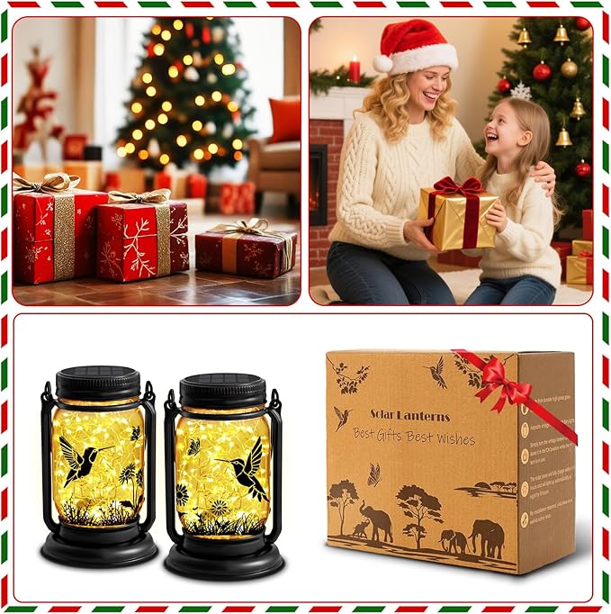2 Pack Hummingbird Solar Lantern Outdoor Garden Decor, Christmas Birthday Gifts for Women Mom Grandma, Waterproof Hanging Vintage Glass Mason Jar Outside for Yard,Patio, Backyard,Porch,Tree, Pathway
