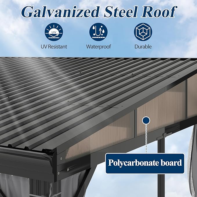 COVERONICS 12' X 16' Outdoor Lean to Gazebo - Wall-Mounted Aluminum Frame Gazebo with Slope Metal Roof, Patio Heavy-Duty Lean to Pergola with Netting & Curtains for Garden, Backyard, Deck