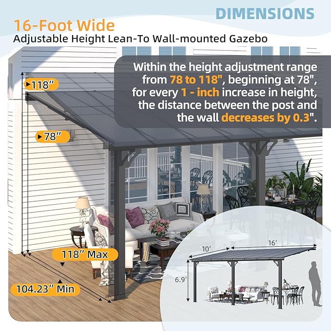 AECOJOY 10' x 16' Adjustable Height Outdoor Lean to Gazebo Pergola for Patio, Large Wall-Mounted 8.1-9.8 Ft Hard Top Metal Heavy Duty Metal Awnings Shelter Pergolas and Gazebos Clearance with Roof