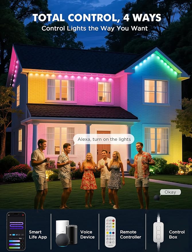 FNY Permanent Outdoor Lights 150ft Smart RGB with 90 LED, IP67 Waterproof for Outdoor Decor, App/Remote Control Eaves Lights Compatible with Alexa, Google Assistant, DIY Scene Modes for Christmas