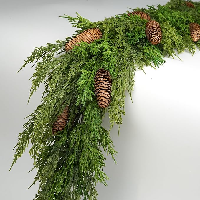Norfolk Pine Garland 6ft Real Touch Realistic Christmas Garlands with Pinecone, Greenery Artificial Xmas Decorations Indoor Outdoor