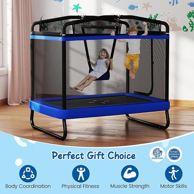 Goplus 6 x 4 FT Rectangle Trampoline for Kids, Indoor Outdoor Toddler Trampoline with Swing, Gymnastics Bar & Safety Enclosure Net, ASTM Approved Gift for Children Boys Girls