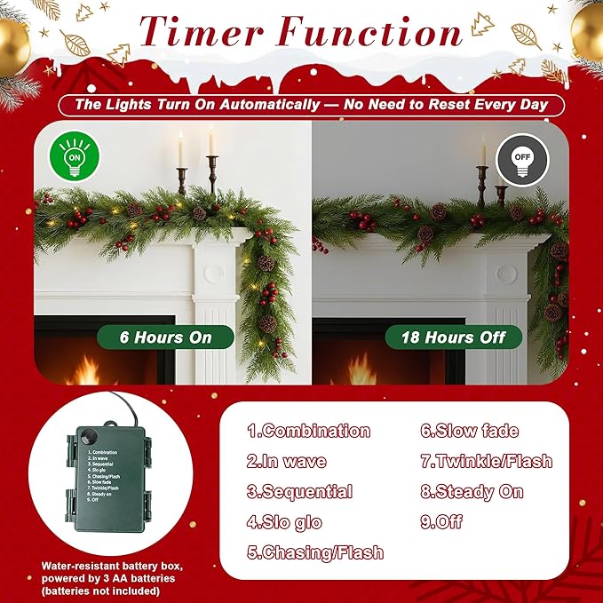 6.5FT Christmas Garland, Premium Rattan Garland with 30 LED Lights & Upgraded Battery Box, 4 Real Pinecones, 4 Berry Clusters, Indoor/Outdoor Christmas Decorations for Table, Mantle, Fireplace, Door