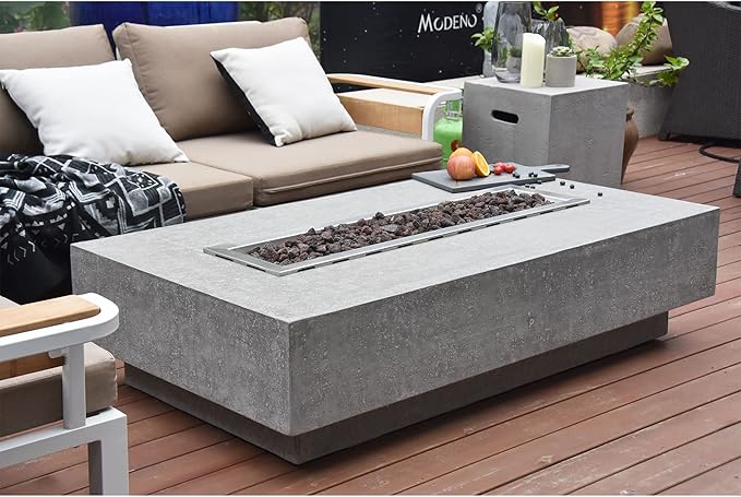 Hampton Fire Table Outdoor Fire Pit 56 x 32 Cast Concrete Firepit Includes Lava Rocks 45,000 BTUs Outdoor Fireplace for Patio Furniture Set, Deck, Porch, Outdoor Heater - Liquid Propane