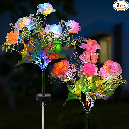 2 Pack Solar Garden Lights Outdoor, Colorful LED Waterproof Solar Powered Rose Flowers Landscape Lights for Outside Yard, Patio, Pathway Decorative, Décor, Gifts, Two Lighting Modes