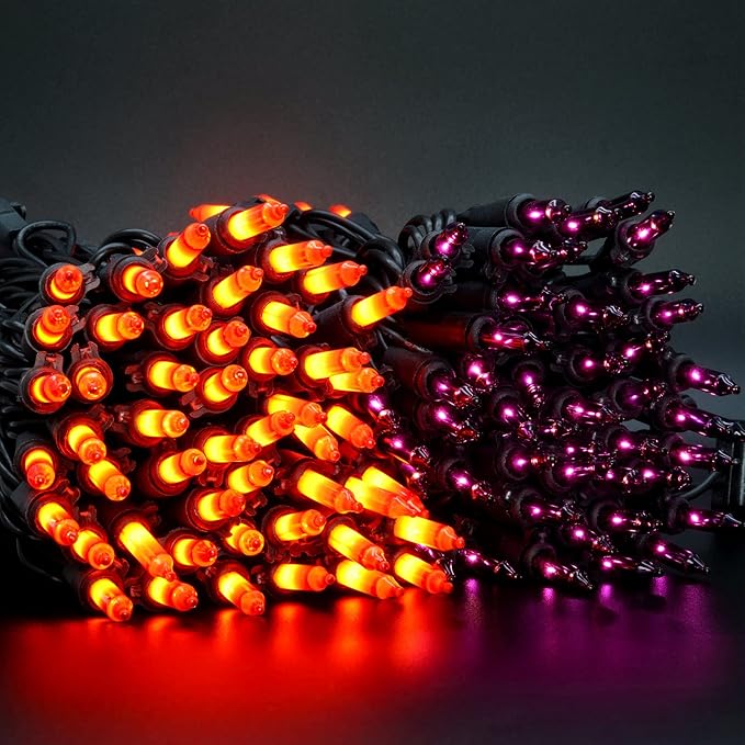 YULETIME 200 Orange & Purple Halloween Lights with Black Wire, Pack of 2 Sets 33 ft 100 Count UL Certified Christmas String Lights (Orange & Purple)
