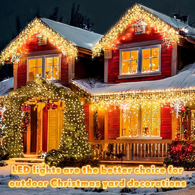 118 ft 1248 LED Christmas Outdoor Icicle Lights LED Fairy String Hanging Lights Waterproof with 8 Modes Timer for Christmas Decorations Wedding Holiday Party Roof Yard, Warm White