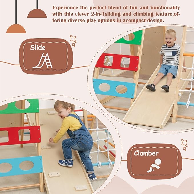 9-in-1 Indoor & Outdoor Wooden Playset for Kids, All-in-One Backyard Playground with Slide, Monkey Bars, Swing, Rock Wall, Climbing Net, Rings & Ladder – Sturdy Adventure Set for Skill Development