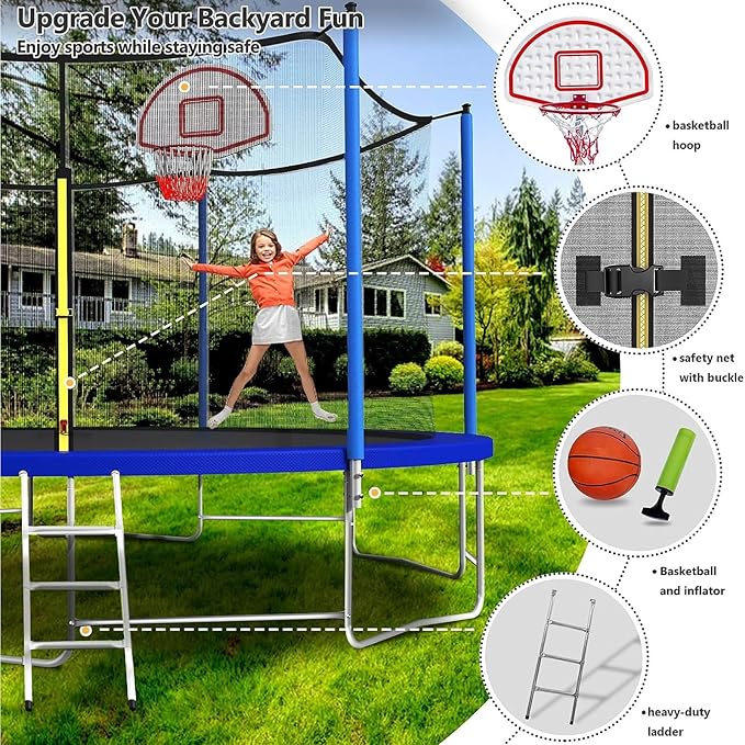 Lyromix Upgraded 16FT 15FT 14FT 12FT 10FT 8FT Trampoline Outdoor with Basketball Hoop and Net, Capacity for 4-6 Kids and Adults