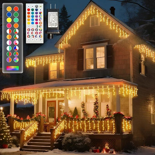 LitHome Color Changing Icicle Lights for Outside with Remote, 35 Colors Christmas Icicle Lights Outdoor Plug In, 300 LED 48FT Warm White Icicle Light Indoor Connectable for Holiday Party Bedroom Decor
