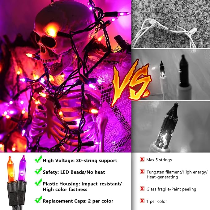 Halloween Lights -1 Pack 21.5FT 100LED Conectable Waterproof String Lights Brighter Detachable Plug-in Lights Indoor & Outdoor for Halloween Decoration(Orange & Purple)