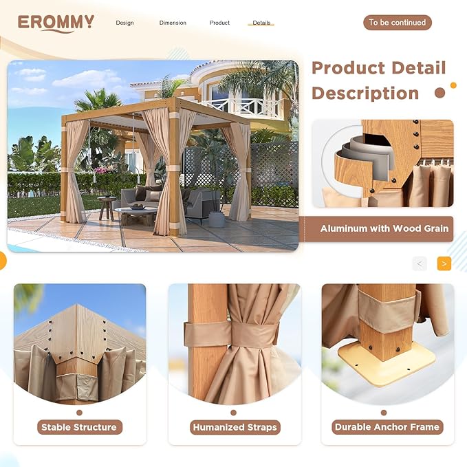 EROMMY Louvered Pergola 10' x 10' Outdoor Hard Top Gazebo with Wooden Grain Aluminum Frame and Adjustable Metal Rainproof Roof for Garden & Patio, Curtains and Netting Included, Wood Grain