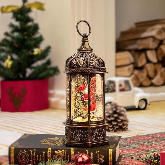 12.8" Christmas Snow Globe Lantern Christmas Decorations Indoor with Swirling Glitter Three Cardinals in The Tree, Lighted Musical Snow Globes for Home Decoration USB Powered or Battery Operated