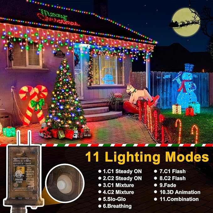 Heceltt Color Changing Christmas Lights, 2 Pack Total 98FT 960 LED Ice Lights for Outside with 180 Drops, 11 Modes Warm White to Multicolor Ice String Lights for Christmas Eaves Party Decorations