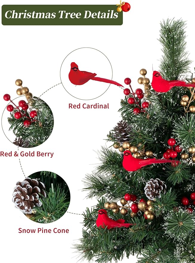 BLOSMON Outdoor Christmas Tree for Porch: 2 Sets 24 Inch Timer Prelit Planter Bushes with 10 Red Cardinals - Remote 60 Lights 8 Modes - Small Pot Urn Filler for Front Door Pathway Yard Decor
