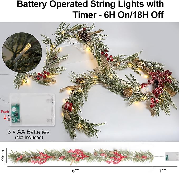 Christmas Garland with 50 Lights for Mantle - 6 Ft Snowy Cedar Garland with Pine Cones Red Berries Artificial Greenery Garlands with Timer, Prelit Garland for Holiday Table Centerpiece