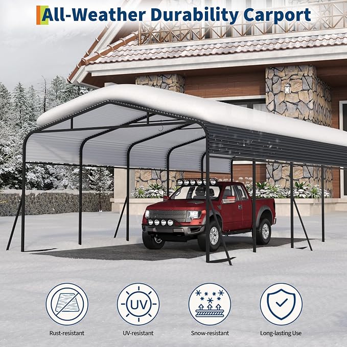 Metal Carport, 13x26 FT Outdoor Carport Canopy with Reinforced Base and Galvanized Steel Roof, Heavy Duty Garage Car Shelter Shade for SUV, Truck, Boats