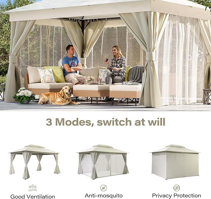 LAUSAINT HOME 10x13ft Outdoor Patio Gazebo with Double Roof, Heavy Duty Waterproof Gazebo Canopy Tent with Mosquito Netting for Backyard, Garden, Lawn & Wedding, Cream White