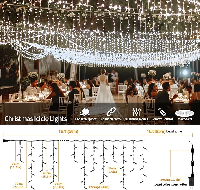 Icicle Lights for Outside, 167ft 1760 LED Icicle Christmas Lights Outdoor Waterproof, 352 Drops with Remote, 8 Modes & Dimmable, Timer for Christmas, Wedding, Party, House, Roof Decoration, White