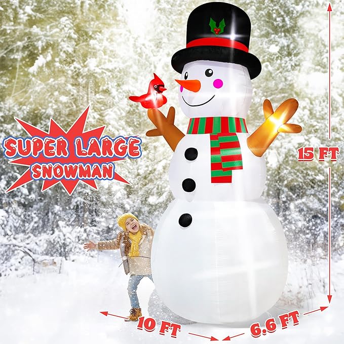15FT Christmas Snowman, Huge Blow Up Snowman Inflatable Decor, Lighted Xmas Inflatables for Lawn Yard Holiday Party