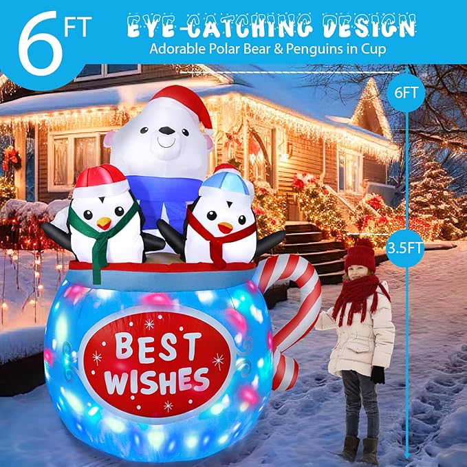 6FT Christmas Inflatables Outdoor Decs, Inflatable Polar Bear and Penguins in The Cup, Built-in Colorful LED Light, Blow Up Yard Decor for Lawn Garden Indoor Xmas Party, for Him, Her