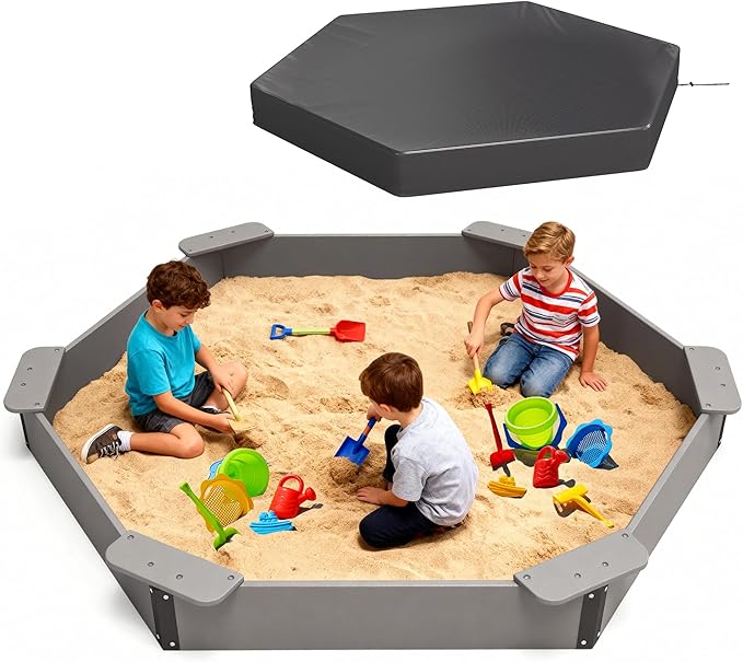 FOOWIN Hexagonal Outdoor Sandbox with Cover for Kids, HDPE Large Sandpit w/6 Benches, for Aged 3-12 Years Old, Sand Box for Children, Bottom Liner,Grey
