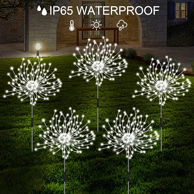 Solar Garden Lights, Firework Light Outdoor 5 Pack 120 LED Solar Waterproof Decorative Starburst Lights Landscape Lamp 18 Hours Working Time, Decor for Courtyard Garden Christmas Party(Cool White)