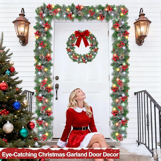 Timer 8 Modes - 9Ft by 10 Inch Prelit Christmas Garland with 50 Colorful Lights, Thick 270 Snowy Tips 70 Red Berry 10 Pinecone Battery Operated Real Touch Cedar Garland Xmas Door Mantle Indoor Outdoor
