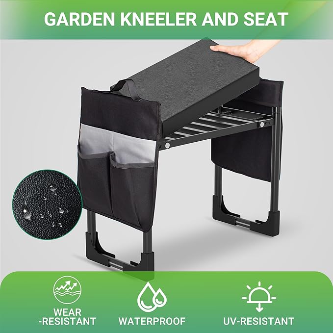 Walensee Garden Kneeler and Seat ? Foldable Heavy Duty Garden Stool with Soft Leather Kneeling Pad, Removable Tool Pouch, Sturdy Steel Frame, No Assembly, Ideal Gardening Gift for Women & Men