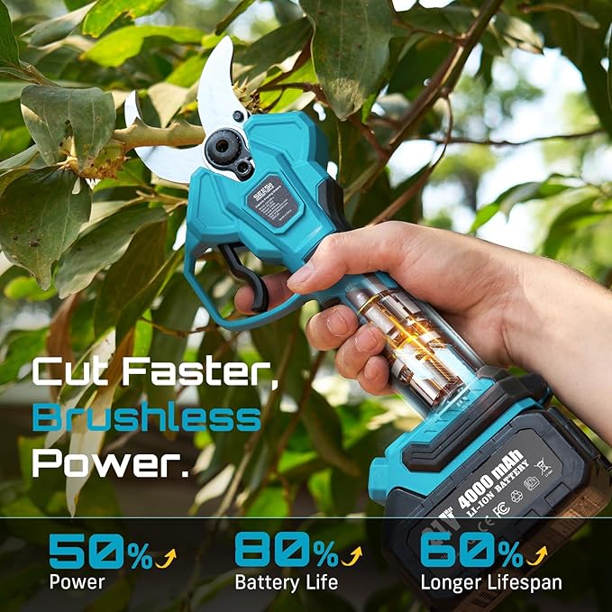 Seesii Electric Pruning Shears for Gardening: 1.8¡± Cutting Cordless Power Pruner - Brushless Motor, Dual 4.0Ah Battery, 4 Levels Adjustable Extra SK5 Blade Branches Cutter For Tree & Flower Trimming