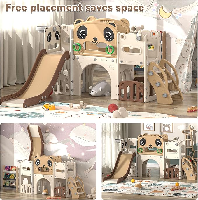9-in-1 Toddler Slide and Climber Set Indoor Outdoor Slide Playset for Kids Age 1-8, Freestanding Backyard Playground with RNG Toss, Basketball Hoop,Telescope, Storage Space