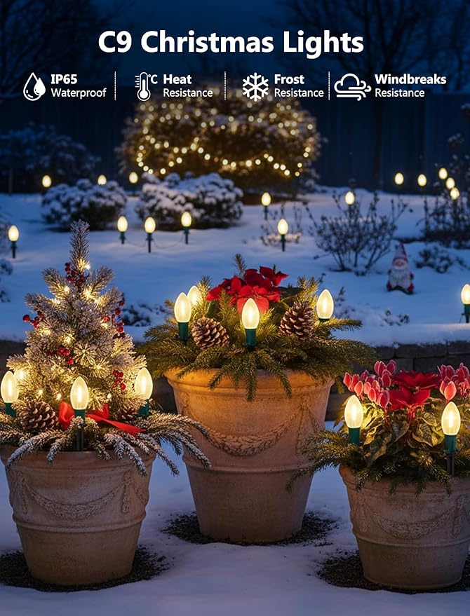 38FT LED Outdoor Christmas Pathway Lights,25 Warm White Extendable Waterproof Christmas Walkway Lights with C9 LED Bulbs and Stakes for Walkway Backyard Snowfield Christmas Decorations