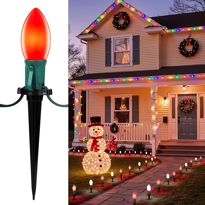 Frosted C9 Christmas Lights Outdoor, 25.7 Ft Christmas Pathway Lights with 20 LED Bulbs and Stakes, Connectable Christmas Yard Decorations Walkway Sidewalk Holiday, Red and White