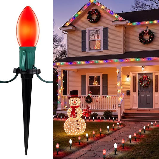 Frosted C9 Christmas Lights Outdoor, 25.7 Ft Christmas Pathway Lights with 20 LED Bulbs and Stakes, Connectable Christmas Yard Decorations Walkway Sidewalk Holiday, Red and White