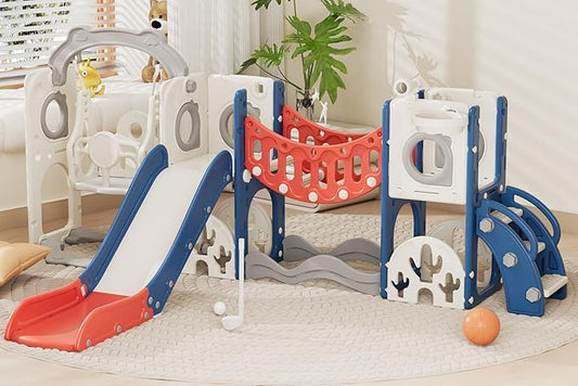 67i 10 in 1 Toddler Playground Playset with Swing Age 1-3 - Monkey Bar for Coordination, Easy Assembly, Sturdy Durable, Indoor Outdoor Birthday Gift with Basketball/Telescope (Red Blue, with Swing)