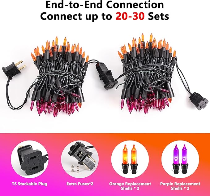 Halloween Lights -1 Pack 21.5FT 100LED Conectable Waterproof String Lights Brighter Detachable Plug-in Lights Indoor & Outdoor for Halloween Decoration(Orange & Purple)