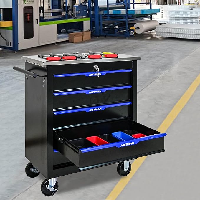 RYH 4/5/6/7 Drawers Rolling Tool Chest -Heavy Duty Mobile Metal Tool Box with Locking Wheels, with Stainless Steel Worktop, Garage Tool Storage Cabinet (Black-Blue, 5-Drawers 30.7 H¡¿25.9 W)
